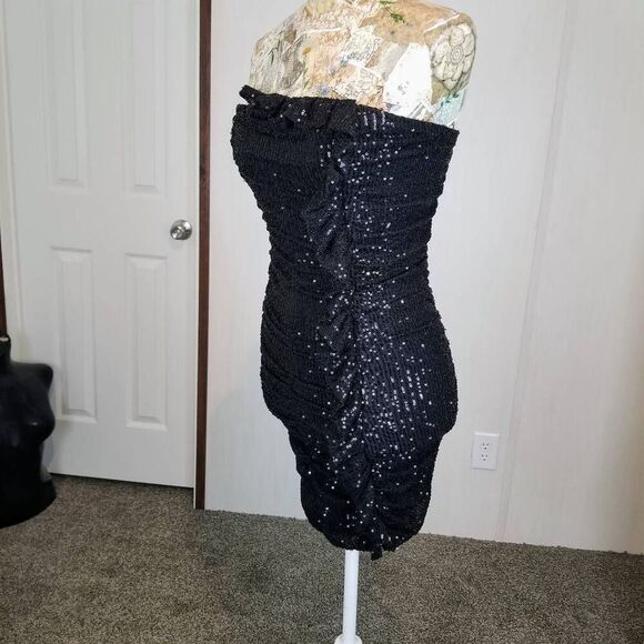 Strapless Black Evening Cocktail Party Sequin Mini Tube Bandage Stretch Dress - Picture 5 of 8